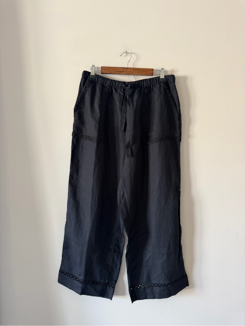 Joie Black Wide-Leg Drawstring 100% Linen Capri Pants Size Large